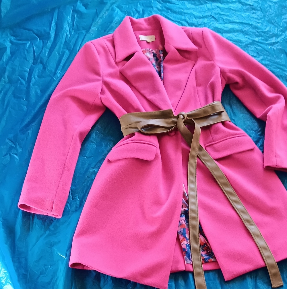 Pink Coat with Soft Vegan Leather Camel Belt - Picture 4 of 8
